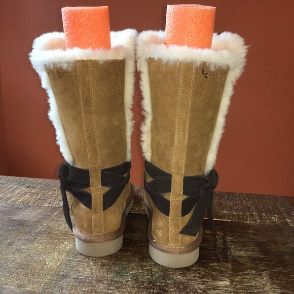 Koolaburra by UGG Rozalia Tall Fur Lined Boot Womens 8 Tie Shearling Suede Brown - Picture 4 of 11